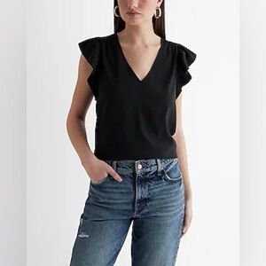 ZARA V-Neck Ruffle Short Sleeve Blouse in Black